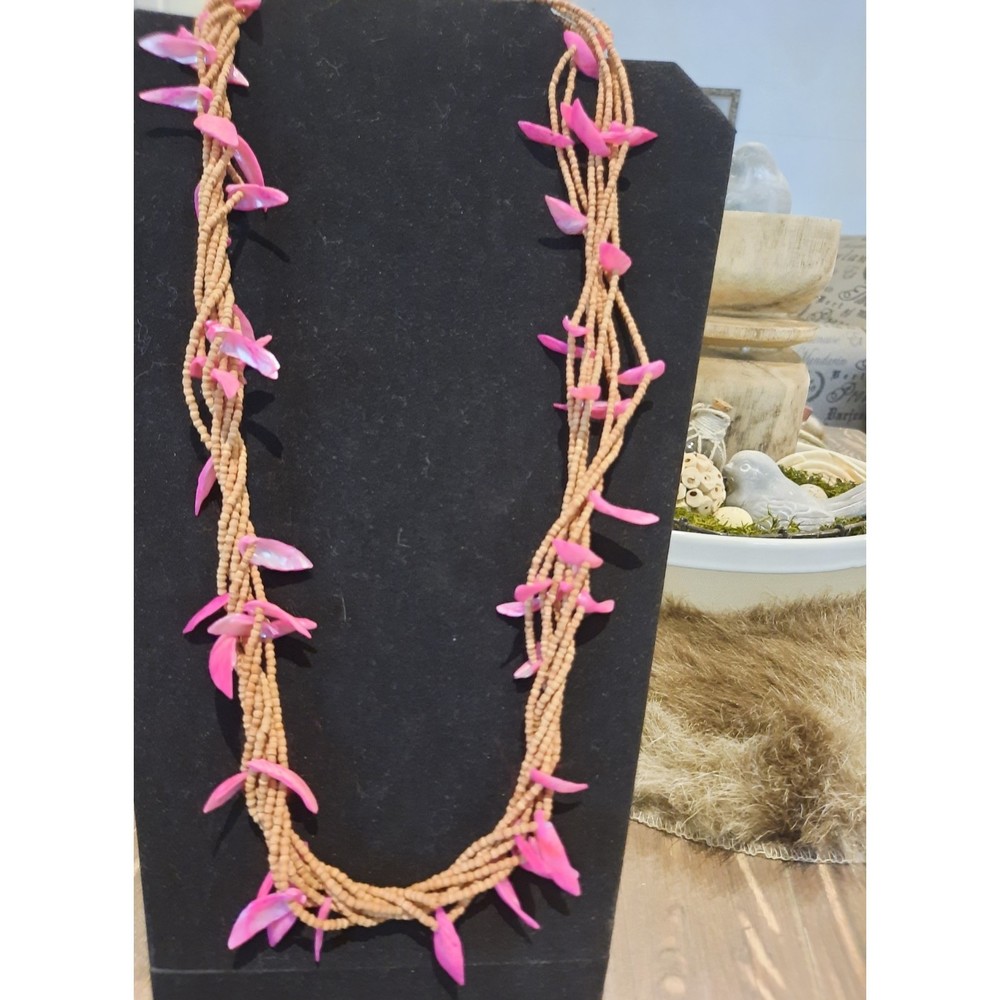 Vintage Pink Abalone Shell and Brown Seed Beads, Multi Strand Necklace